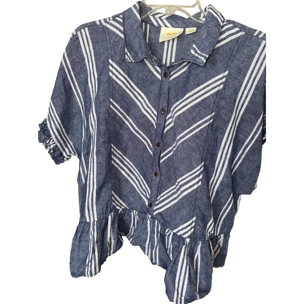 Maeve Blue and White Striped Ruffle Peplum Blouse - Picture 2 of 7